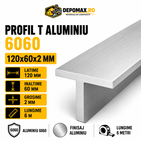 Profil T aluminiu 120 x 60 x 2 mm, 6 metri